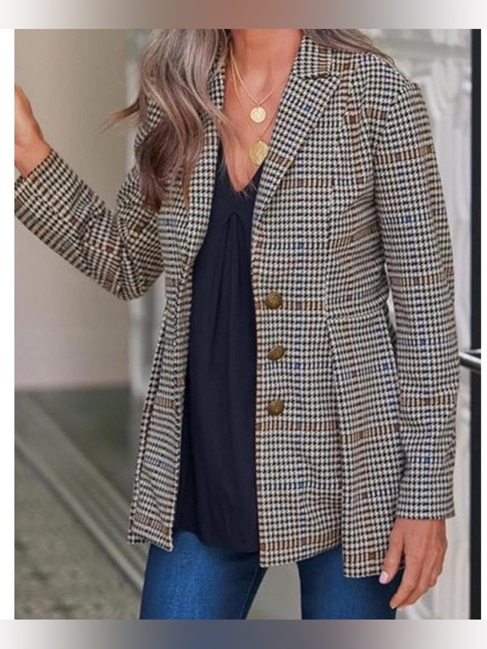 Soft Surroundings Houndstooth Plaid Knit Blazer Jacket M Stretch
